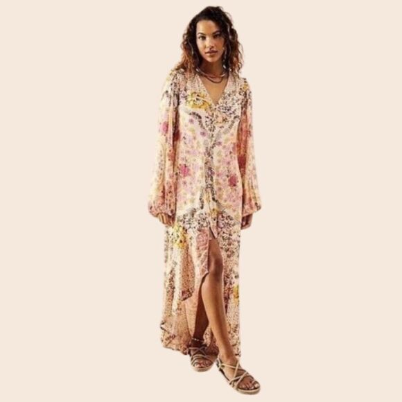 Free People Marais Pink & Cream Bohemian Printed Midi Dress Size S - Picture 1 of 12
